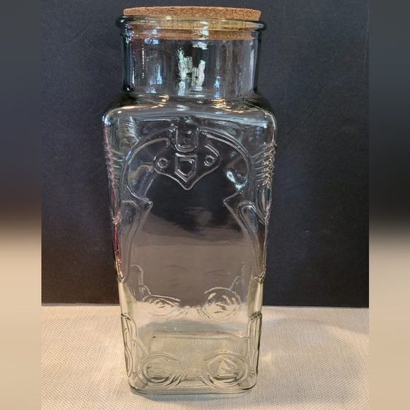 Ornate Embossed Clear Glass Apothecary Canister Cork Lid Large - Picture 2 of 10